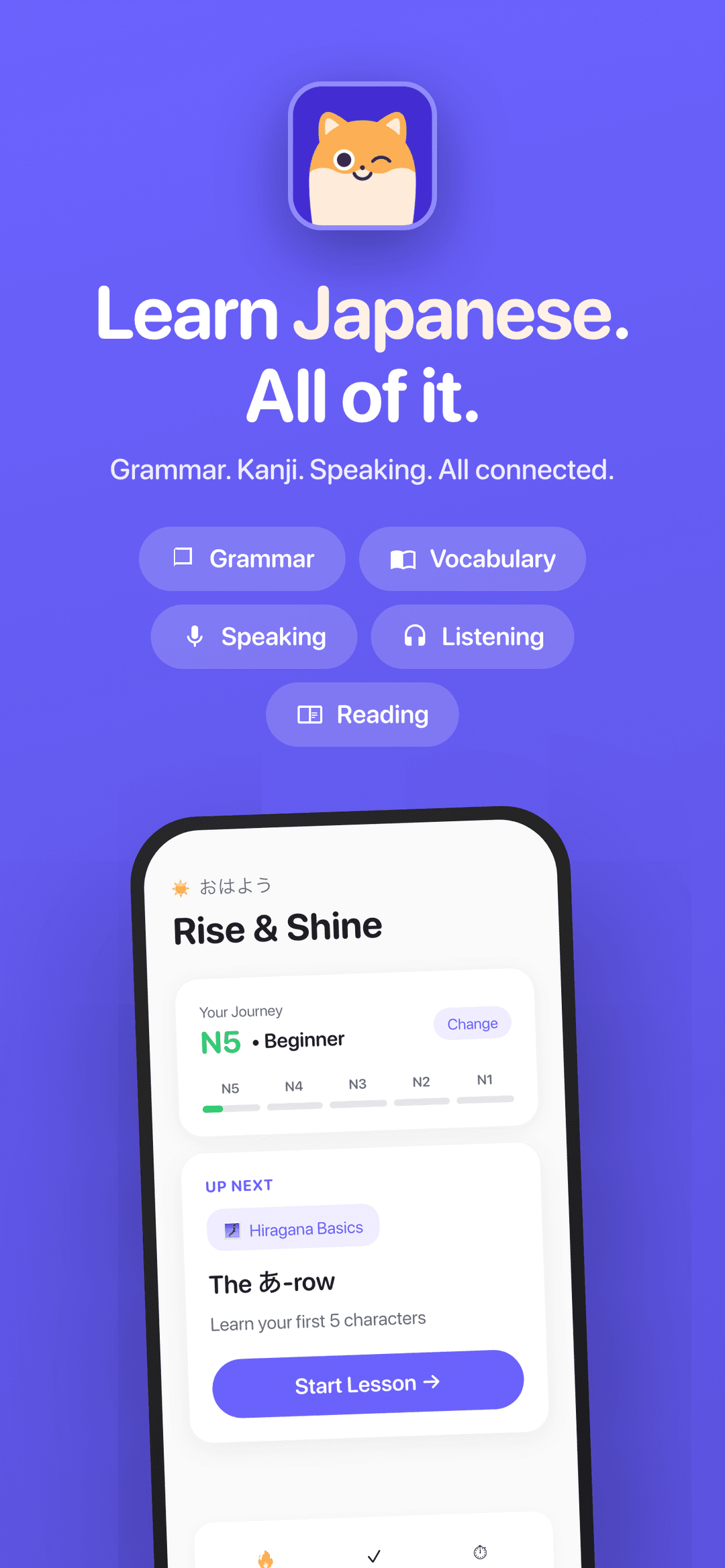 Mochi home screen showing JLPT learning path